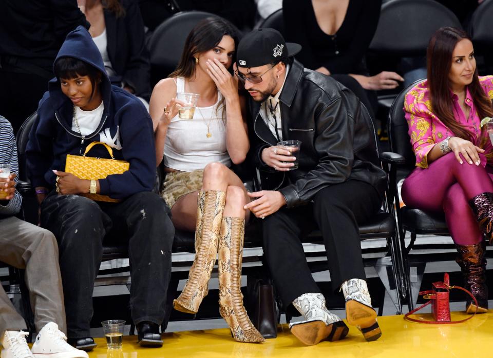 LOS ANGELES, CALIFORNIA - MAY 12: Kendall Jenner and Bad Bunny attend the Western Conference Semifinal Playoff game between the Los Angeles Lakers and Golden State Warriors at Crypto.com Arena on May 12, 2023 in Los Angeles, California. (Photo by Kevork Djansezian/Getty Images)