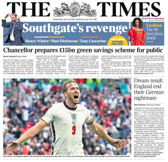 Gareth Southgate's 'revenge' against Germany and an ecstatic Harry Kane are the focal points for The Times