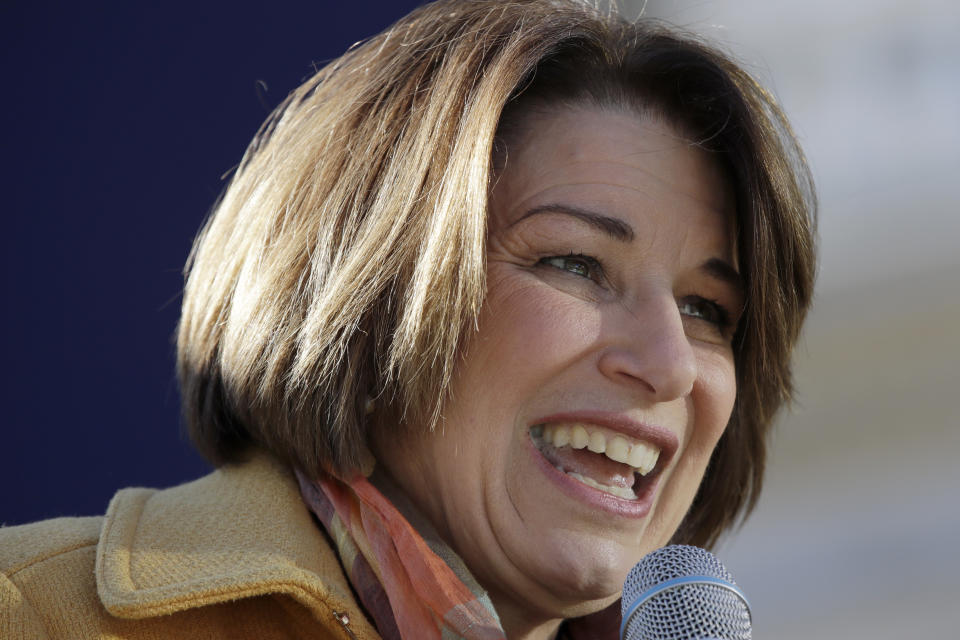 Democratic presidential candidate Sen. Amy Klobuchar, D-Minn., speaks to supporters outside the Statehouse after she filed to be listed on the New Hampshire primary ballot, Wednesday, Nov. 6, 2019, in Concord, N.H. (AP Photo/Elise Amendola)