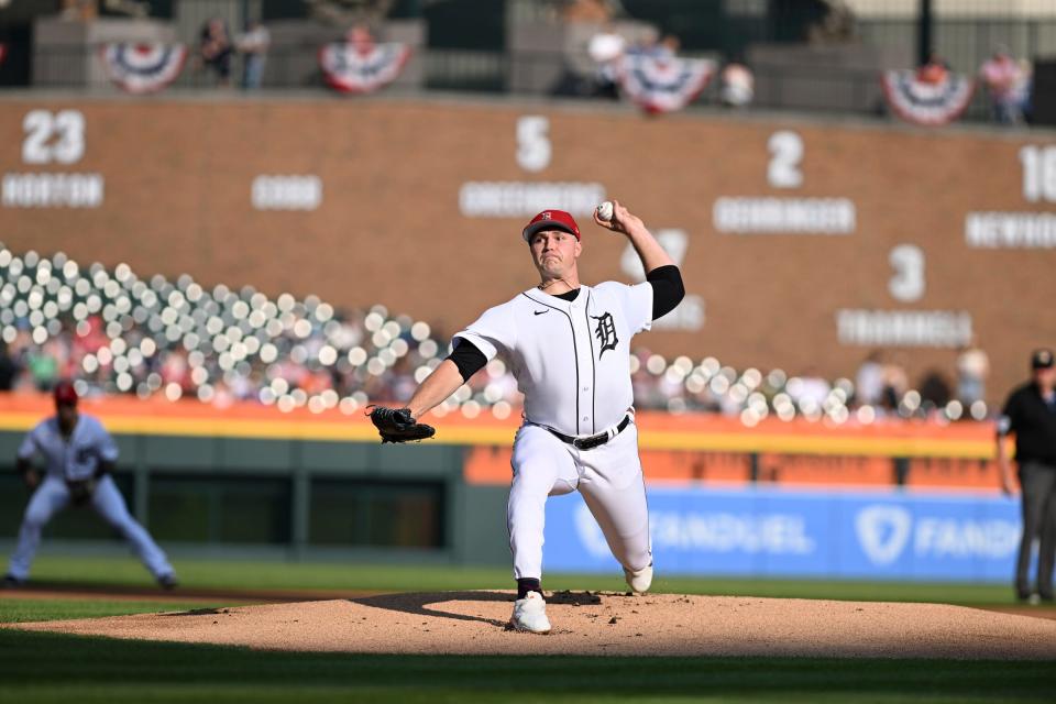 Tigers pitcher Tarik Skubal throws a pitch against the Athletics in the first inning on Monday, July 4, 2023, at Comerica Park.