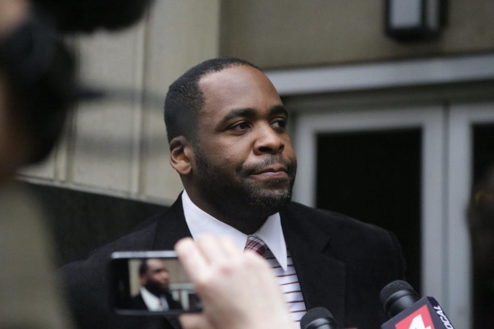 Former Detroit Mayor Kwame Kilpatrick exits the U.S. Federal Courthouse in downtown Detroit on Monday March 11, 2013, after the jury handed down a verdict in his public corruption trial.