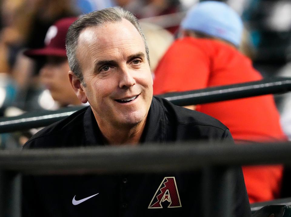 Derrick Hall, Arizona Diamondbacks President and Chief Executive Officer watches the game against the Philadelphia Phillies at Chase Field in Phoenix on Aug. 30, 2022.