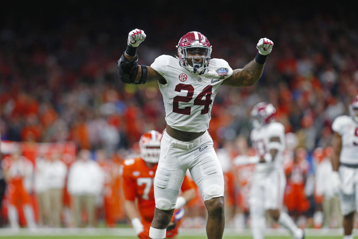 Alabama linebacker Terrell Lewis (24) reacts after nearly intercepting a pass in the second half of the Sugar Bowl semi-final playoff game against Clemson for the NCAA college football national championship, in New Orleans, Monday, Jan. 1, 2018. (AP Photo/Butch Dill)