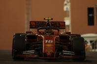 Ferrari driver Charles Leclerc of Monaco steers his car during the second free practice at the Yas Marina racetrack in Abu Dhabi, United Arab Emirates, Friday, Nov. 29, 2019. The Emirates Formula One Grand Prix will take place on Sunday. (AP Photo/Luca Bruno)