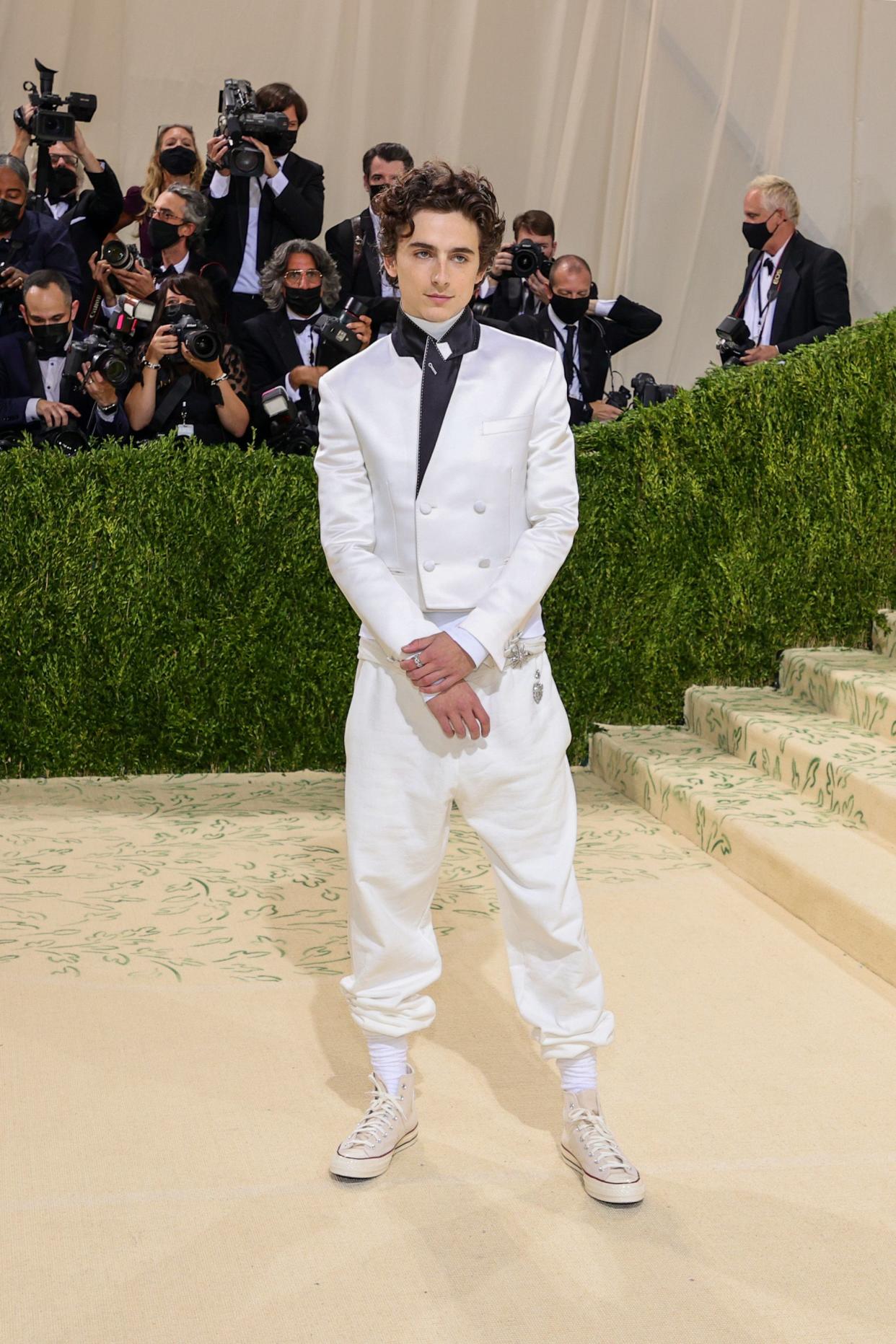 Co-chair Timothée Chalamet attends The 2021 Met Gala Celebrating In America: A Lexicon Of Fashion at Metropolitan Museum of Art on Sept. 13, 2021 in New York.