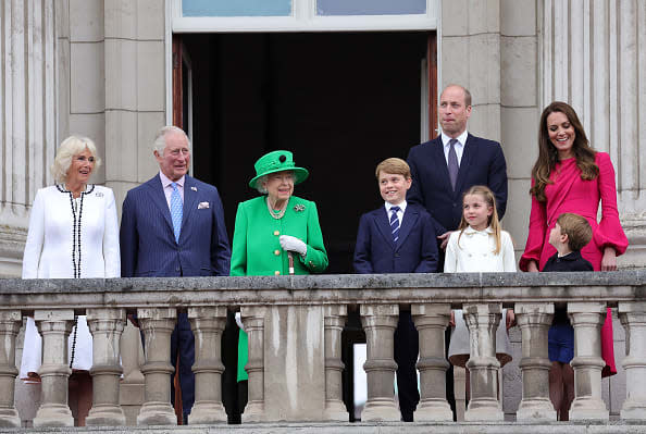 <div class="inline-image__caption"><p>Camilla, Duchess of Cornwall, Prince Charles, Prince of Wales, Queen Elizabeth II, Prince George of Cambridge, Prince William, Duke of Cambridge, Princess Charlotte of Cambridge, Catherine, Duchess of Cambridge and Prince Louis of Cambridge on the balcony of Buckingham Palace during the Platinum Jubilee Pageant on June 5, 2022, in London, England.</p></div> <div class="inline-image__credit">Chris Jackson/Getty</div>