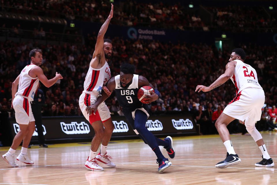 SYDNEY, AUSTRALIA - AUGUST 26: Jaylen Brown of the USA drives to the basket during the International Friendly Basketball match between Canada and the USA at Qudos Bank Arena on August 26, 2019 in Sydney, Australia. (Photo by Mark Metcalfe/Getty Images)