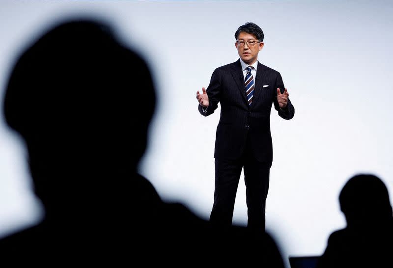 FILE PHOTO: Toyota Motor Corp. President and Chief Executive Koji Sato attends a news conference in Tokyo