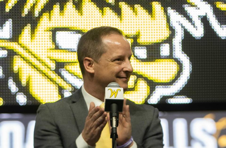 New Wichita State basketball coach Paul Mills is presented to the community during a ceremony at Koch Arena on Thursday, March 23, 2023.