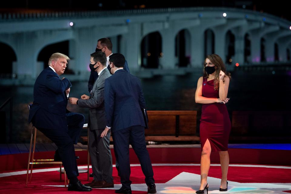 President Donald Trump is seen during a break in an NBC News town hall event at the Perez Art Museum in Miami on Oct. 15, 2020.