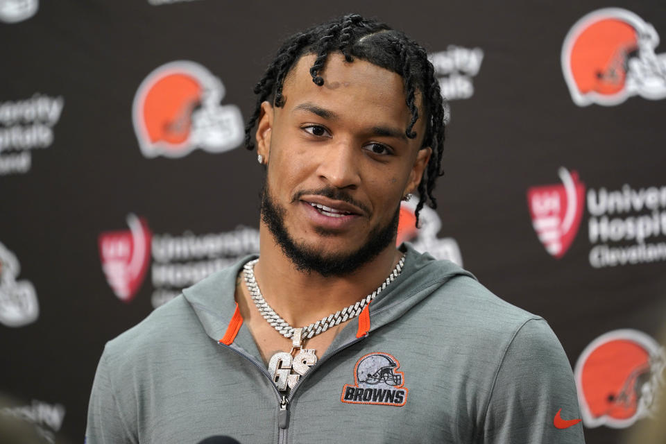 Cleveland Browns safety Grant Delpit talks to reporters after a 24-10 victory over the Washington Commanders, Sunday, Jan. 1, 2023, in Landover, Md. (AP Photo/Susan Walsh)