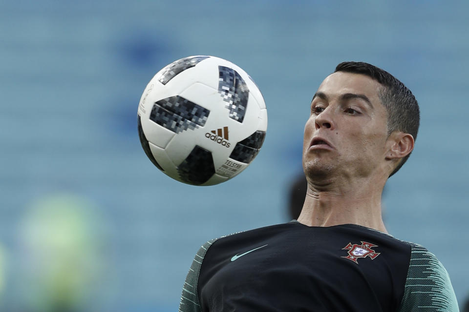Portugal’s forward Cristiano Ronaldo takes part in a training session at the Fisht Olympic Stadium in Sochi on June 14, 2018, on the eve of the Russia 2018 World Cup Group B football match between Portugal and Spain. (Photo by Adrian DENNIS / AFP) (Photo credit should read ADRIAN DENNIS/AFP/Getty Images)