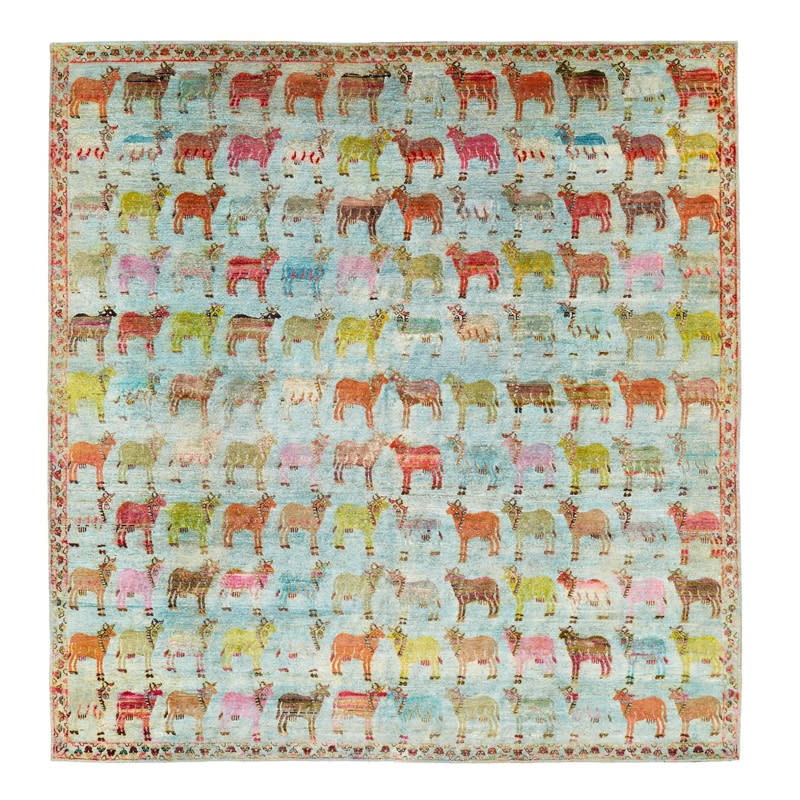 <p>We can't take our eyes off the whimsical, colorful cow pattern that's scattered across this one-of-a-kind hand-knotted rug made of vintage sari silk.</p> <p>$6,480 (originally $8,100) | <a rel="nofollow noopener" href="http://click.linksynergy.com/fs-bin/click?id=93xLBvPhAeE&subid=0&offerid=472601.1&type=10&tmpid=23216&RD_PARM1=http%3A%2F%2Fwww.abchome.com%2Fshop%2Fethos-silk-rug-7-x7-3-1509968&u1=instyle" target="_blank" data-ylk="slk:ABC Carpet & Home;elm:context_link;itc:0;sec:content-canvas" class="link ">ABC Carpet & Home</a></p>