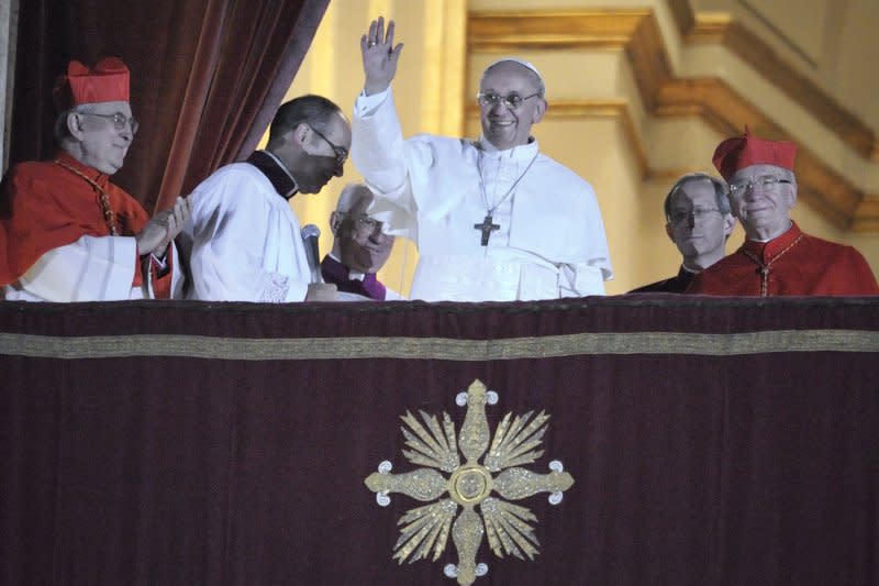 Argentina's Jorge Bergoglio, elected Pope Francis, waves from the window of St Peter's Basilica's balcony after being elected the 266th pope of the Roman Catholic Church on March 13, 2013, at the Vatican. File Photo by Stefano Spaziani/UPI