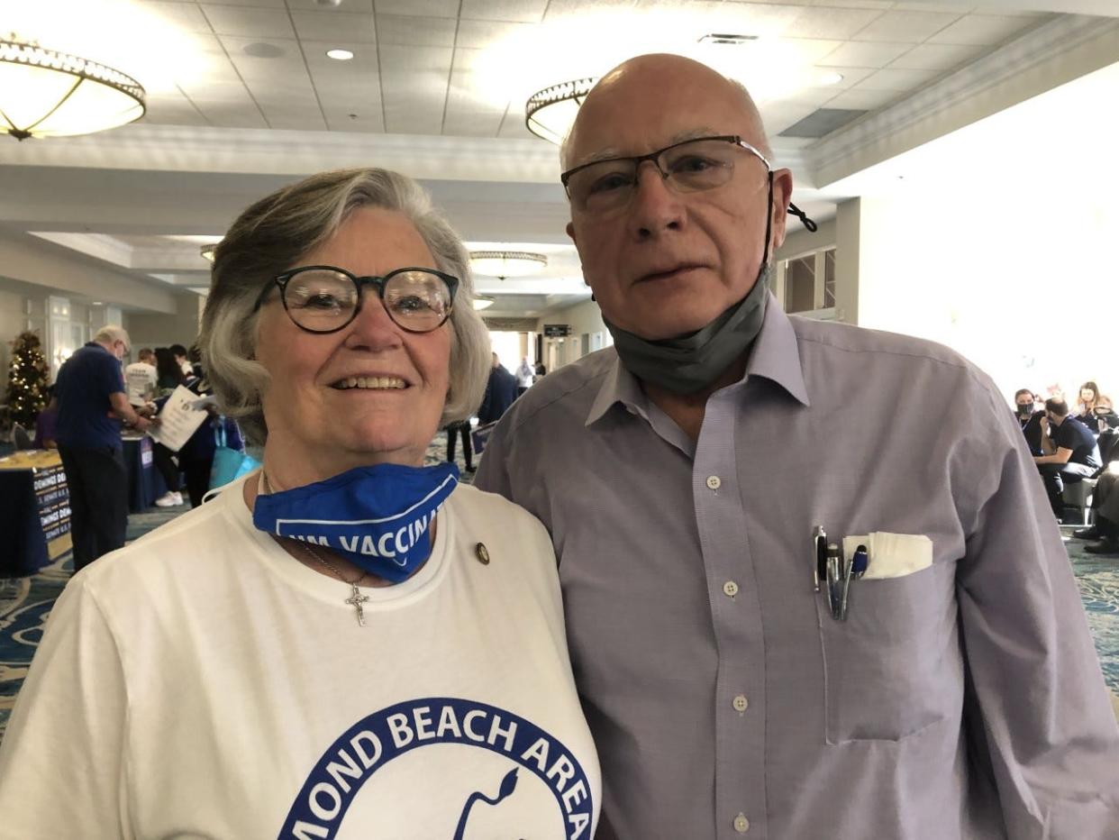 Ellen and Kenneth Wintermuth, Democrats from Ormond Beach, pose at the Leadership Blue conference in Orlando on Saturday, Dec. 4, 2021.