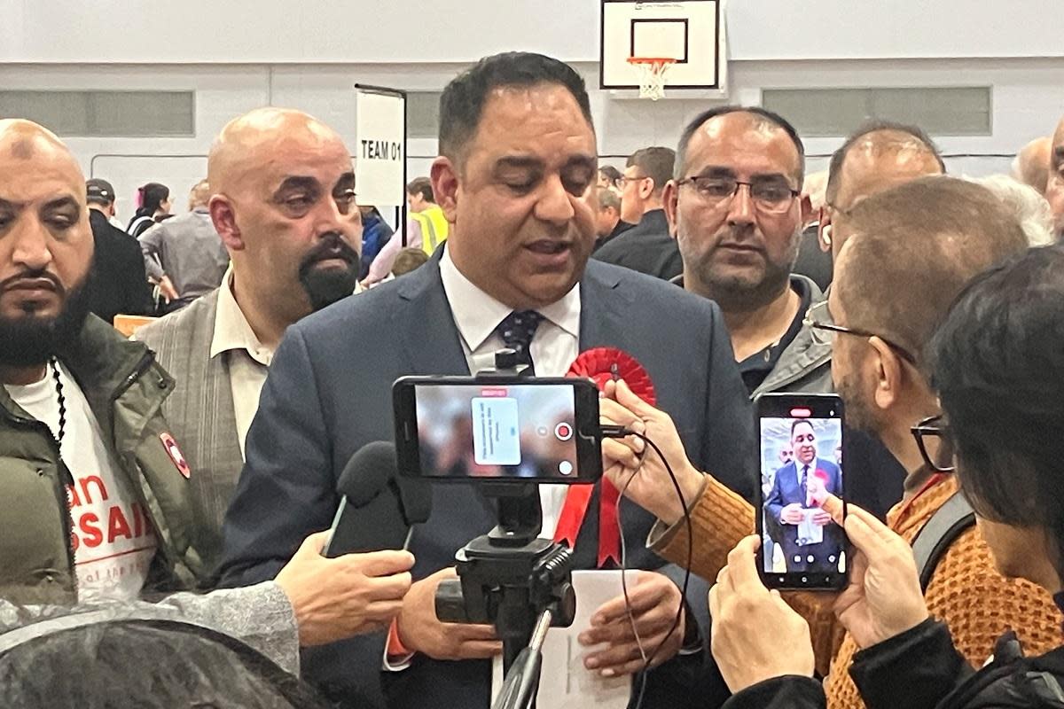 Imran Hussain giving interviews after his victory in Bradford East <i>(Image: T&A)</i>