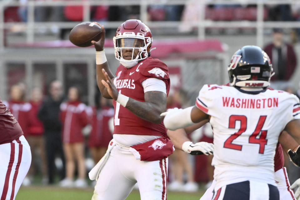 Arkansas quarterback KJ Jefferson passes against Liberty on Nov. 5.