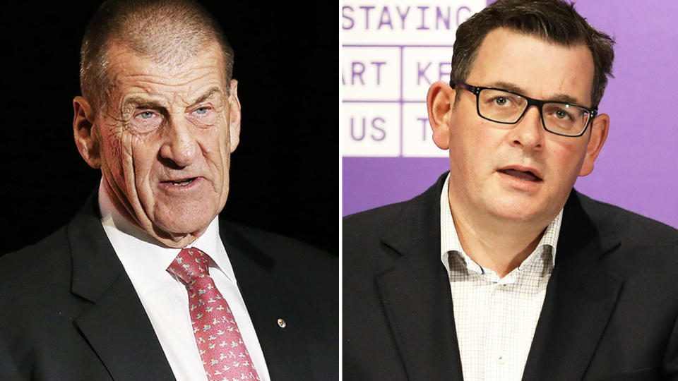 Jeff Kennett and Daniel Andrews, pictured here speaking to the media.