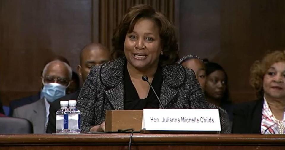 U.S. District Court Judge J. Michelle Childs of South Carolina testifies during a Senate Judiciary Committee confirmation hearing on April 27, 2022. President Joe Biden nominated Childs, a University of South Carolina Law School graduate, to serve on influential DC Circuit Court of Appeals.