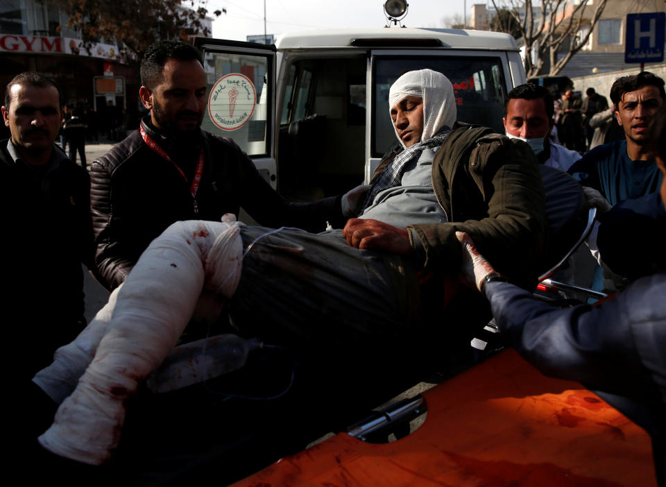 <p>An injured man is carried to the hospital after a blast in Kabul, Afghanistan, Jan. 27, 2018. (Photo: Mohammad Ismail/Reuters) </p>