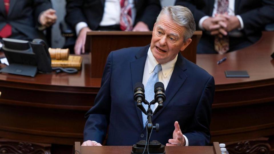 Idaho Gov. Brad Little delivers his State of the State address in January 2024 at the Capitol in Boise. Little has been a staunch supporter of the death penalty.