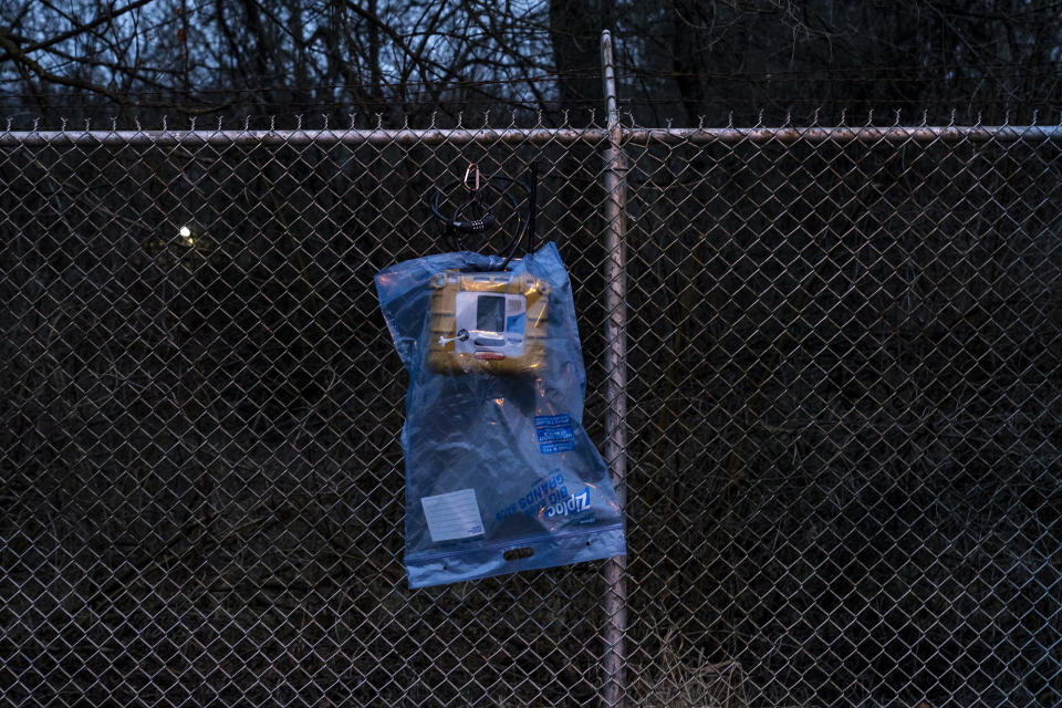 An air quality monitor near the site of the derailment on Feb. 16, 2023 in East Palestine, Ohio. (Michael Swensen / Getty Images)