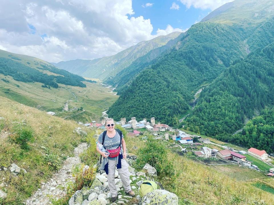 Woman hiking in the High Caucasus in Svaneti, Georgia.