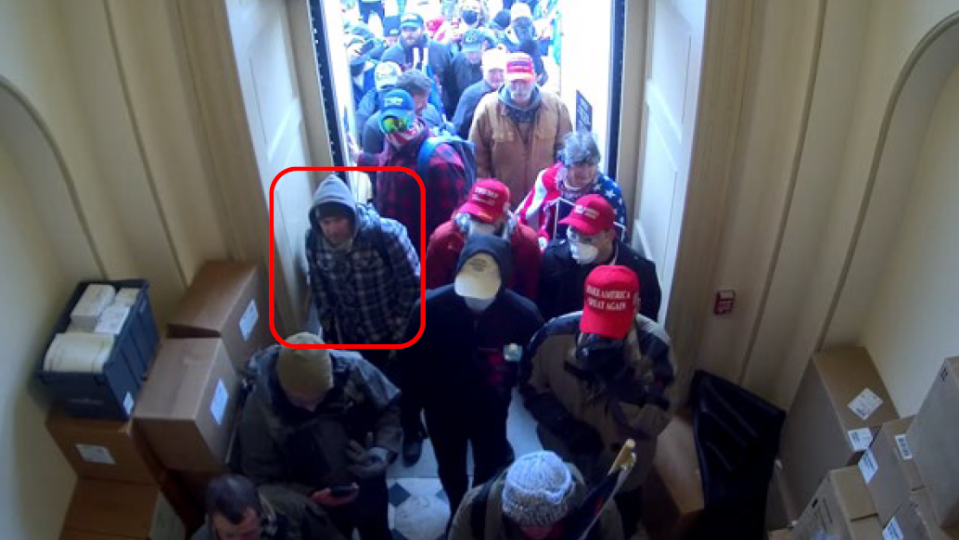 A photo appears to show Andrew Cantrell, highlighted in the red rectangle, entering the U.S. Capitol Building through the Upper West Terrace Door around 2:40 p.m. on Jan. 6, 2021, according to a criminal complaint filed in the United States District Court for the District of Columbia.