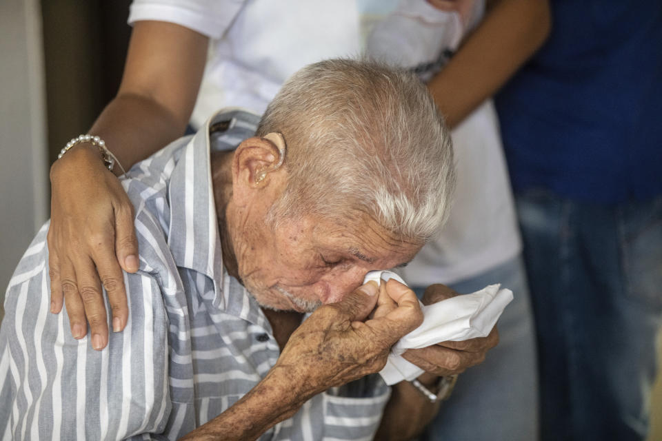 The father of Luis Manuel Díaz waits at his family home to reunite with him in Barrancas, Colombia, after getting the news that he was released by his kidnappers, Thursday, Nov. 9, 2023. Díaz, the father of Liverpool striker Luis Díaz, was kidnapped on Oct. 28 by the guerrilla group National Liberation Army, or ELN. (AP Photo/Ivan Valencia)