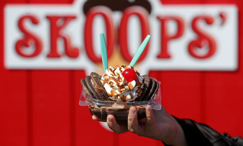 Skoops' new MoonPie sundae includes chocolate ice cream, hot fudge, a MoonPie, whipped cream and a cherry on top.