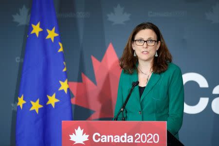 European Union Trade Commissioner Cecilia Malmstrom delivers a speech during an event hosted by Canada 2020 in Ottawa, Ontario, Canada, March 21, 2017. REUTERS/Chris Wattie