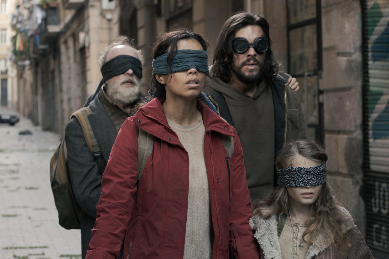 Gonzalo De Castro, Georgina Campbell, Mario Casas and Naila Schuberth in Bird Box: Barcelona (Netflix)