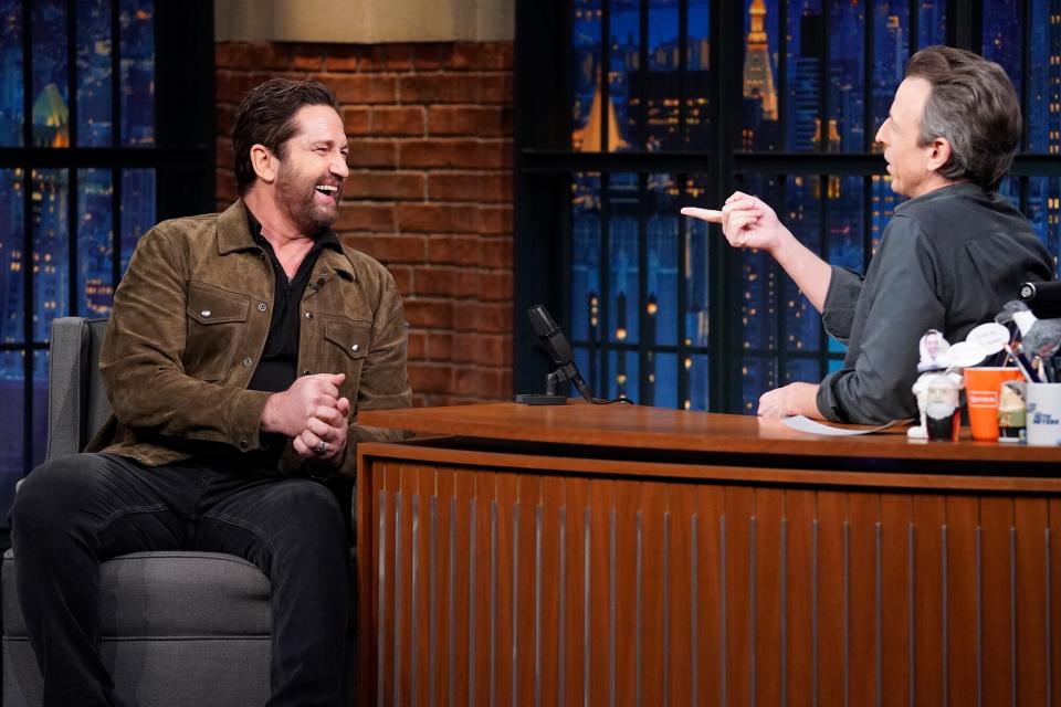 LATE NIGHT WITH SETH MEYERS -- Episode 1375 -- Pictured: (l-r) Actor Gerard Butler during an interview with host Seth Meyers on January 11, 2023