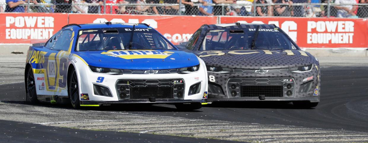 Chase Elliott, left, and Tyler Reddick race through Turn 5 during the 2022 Kwik Trip 250, NASCAR Cup Series race. The series did not return in 2023 after a two-year run, although the Xfinity Series kept NASCAR at the track for one more year.