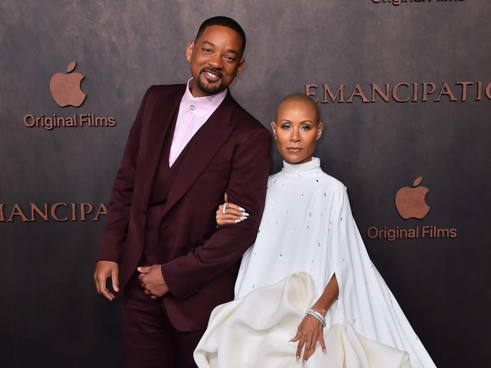 Will Smith, left, and Jada Pinkett Smith arrive at the premiere of "Emancipation," Wednesday, Nov. 30, 2022, at the Regency Village Theatre in Los Angeles.