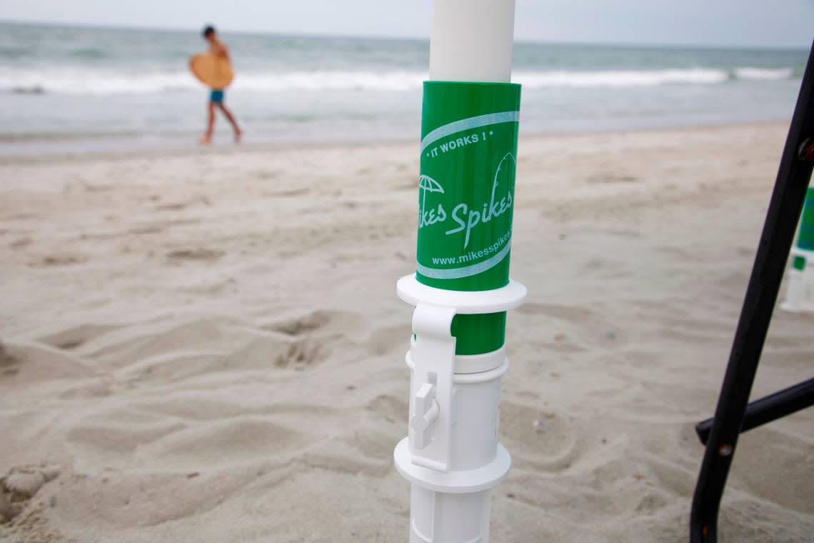 North Myrtle Beach couple Mike Haney and his wife Cathy came up with the idea of the Mike’s Spikes Hammerhead umbrella anchor while sitting on the beach on Easter weekend in 2006. They have sold more than 60,000 units of the invention. July 29, 2024.