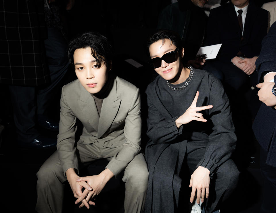 PARIS, FRANCE - JANUARY 20: (EDITORIAL USE ONLY - For Non-Editorial use please seek approval from Fashion House) Jimin and J-Hope attend the Dior Homme Menswear Fall-Winter 2023-2024 show as part of Paris Fashion Week  on January 20, 2023 in Paris, France. (Photo by Victor Boyko/Getty Images)