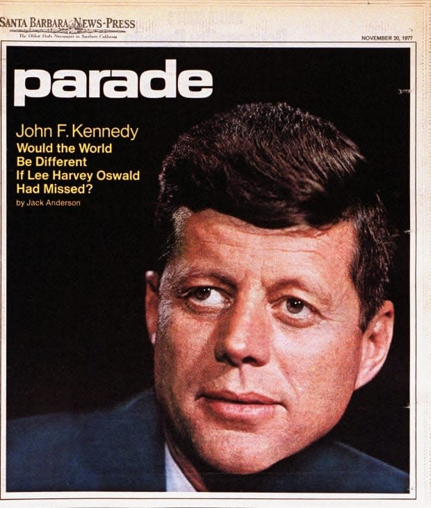 <p>The same image of John F. Kennedy that appeared on our July 2, 1961, cover was featured again on Nov. 20, 1977. This issue, published just two days before the 14th <a href="https://parade.com/1219463/marynliles/happy-anniversary-wishes/" rel="nofollow noopener" target="_blank" data-ylk="slk:anniversary;elm:context_link;itc:0;sec:content-canvas" class="link ">anniversary</a> of his tragic death, pondered how the world would be different if the beloved President had not been assassinated. </p>