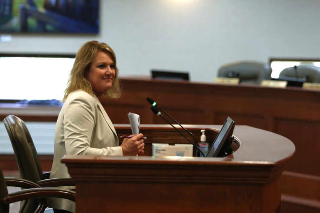 South Dakota Association of Healthcare Organizations Chief Operating Officer Tammy Hatting presents to legislators on Sept. 25, 2023 in Pierre. (Makenzie Huber, South Dakota Searchlight)