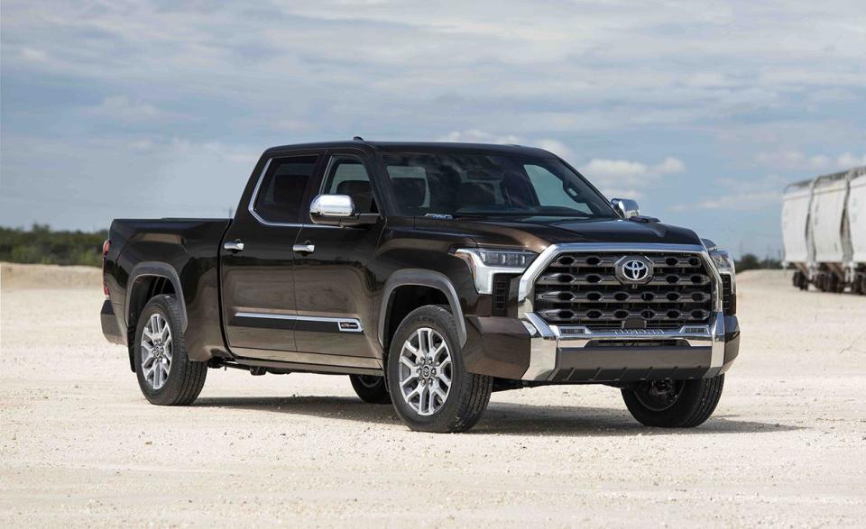 <p>The <a href="https://www.caranddriver.com/toyota/tundra" rel="nofollow noopener" target="_blank" data-ylk="slk:Toyota Tundra;elm:context_link;itc:0;sec:content-canvas" class="link ">Toyota Tundra</a> finds itself in an unusual position as the newest truck available in the full-size segment. The third-generation Tundra now offers a 437-hp twin-turbo hybrid V-6 with a 10-speed automatic transmission. Nonhybrid SR models have 348 horsepower and 405 pound-feet of torque, while other trims get a 389-hp version of the same engine. Its rear suspension is also brand new, replacing the old leaf-spring style with coil springs to give it a more controlled ride. Tundra TRD Pro models come with skid plates, a suspension lift, and black wheels wrapped in beefy all-terrain tires. Extended cab models can be had with either a 6.5- or 8.1-foot bed, while bigger crew cab Tundras get a 5.5- or 6.5-foot bed. An 8.0-inch infotainment touchscreen is standard, but a 14.0-inch big screen is available, the biggest in the class.</p><ul><li>Base price: $37,645</li><li>Powertrain: 348-hp 3.5L twin-turbo V-6, 389-hp 3.5L twin-turbo V-6, 437-hp 3.5L-twin-turbo V-6 with 48-hp AC motor; 10-speed automatic transmission</li><li>Max Towing: 12,000 lb</li></ul>