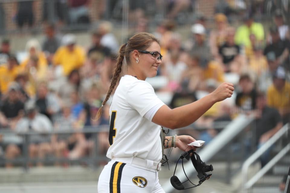 Missouri pitcher Laurin Krings celebrates during the Tigers' 3-1 win over Missouri State in the opening game of the Columbia Regional on Friday at Mizzou Softball Stadium.