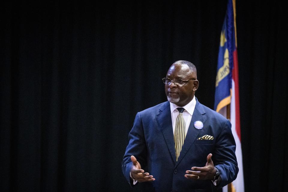 City Council District 7 incumbent Larry O. Wright, Sr. speaks at the Fayetteville Observer candidate forum at Fayetteville Technical Community College on Tuesday, April 26, 2022.