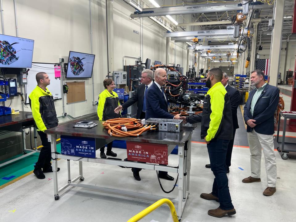 U.S. Rep. David Trone, D-6th, and President Biden greet workers at the Volvo Group Trucks Powertrain facility in Hagerstown on Friday afternoon.