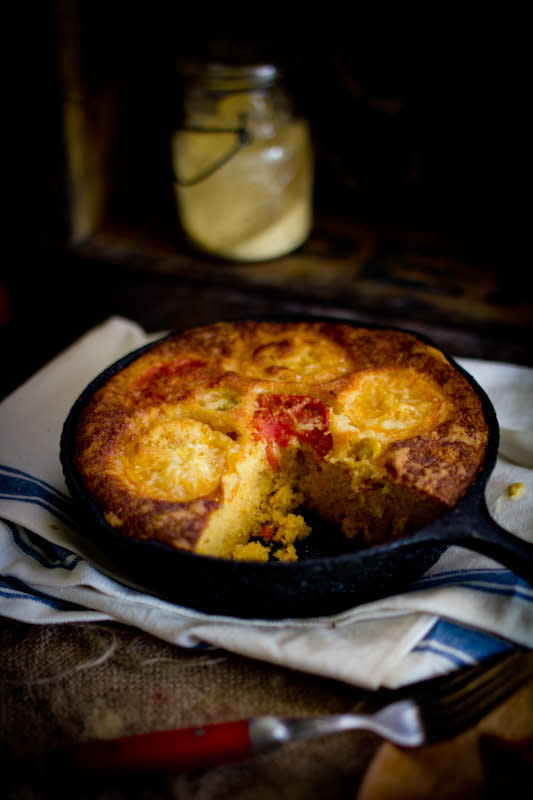 <strong>Get the <a href="http://www.adventures-in-cooking.com/2012/09/heirloom-tomato-cornbread-with-cheddar.html" target="_blank">Heirloom Tomato Cornbread with Cheddar Cheese recipe</a> from Adventures in Cooking</strong>