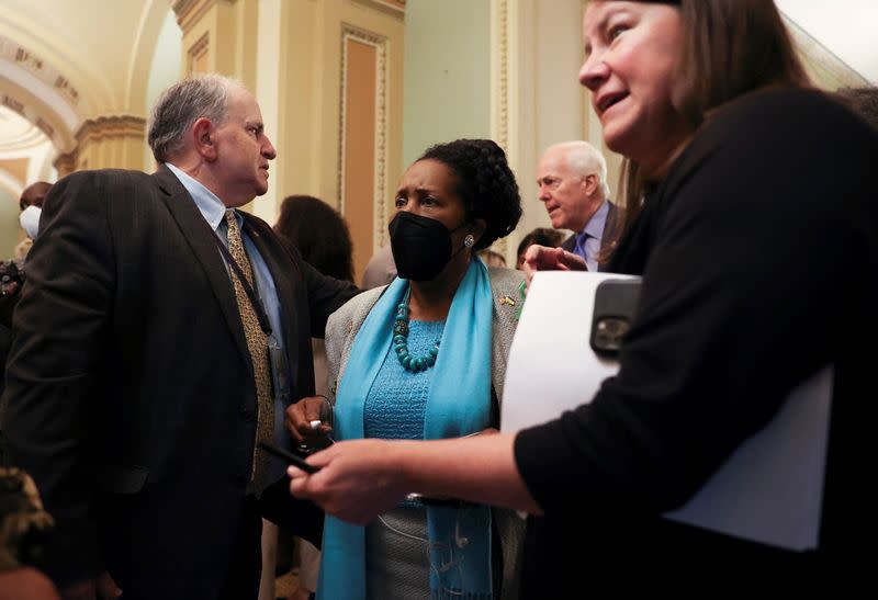 Democratic women members of the U.S. House of Representatives lead protest for abortion rights outside Senate Chamber at Capitol in Washington