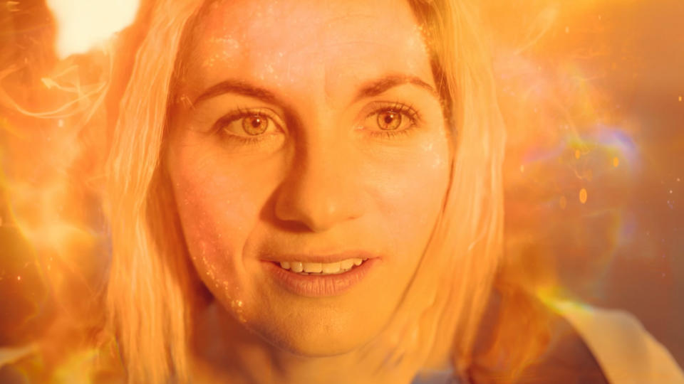 Close up of Jodie Whittaker's face mid-regeneration into the 14th Doctor