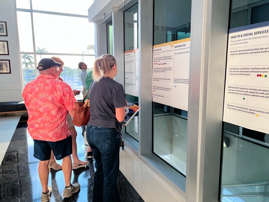 Paul Jensen (left) and several Cape Coral residents use stickers to vote for how the County will spend recovery funds after Hurricane Ian.