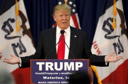 U.S. Republican presidential candidate Donald Trump speaks at a campaign rally on caucus day in Waterloo, Iowa February 1, 2016. REUTERS/Rick Wilking