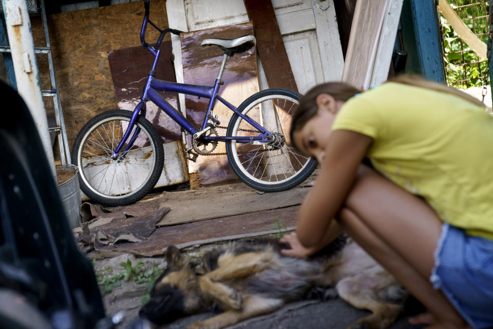 The bike belonging to Anastasiia Aleksandrova, 12, sits untouched as she pets her dog outside the home she shares with her grandparents in Sloviansk, Donetsk region, eastern Ukraine, Monday, Aug. 8, 2022. With no one her age left in her neighborhood and school classes taking place only online since Russia's invasion in February, games and social media on her smartphone have taken the place of the walks and bike rides she once enjoyed with the friends who have since fled to safety. (AP Photo/David Goldman)