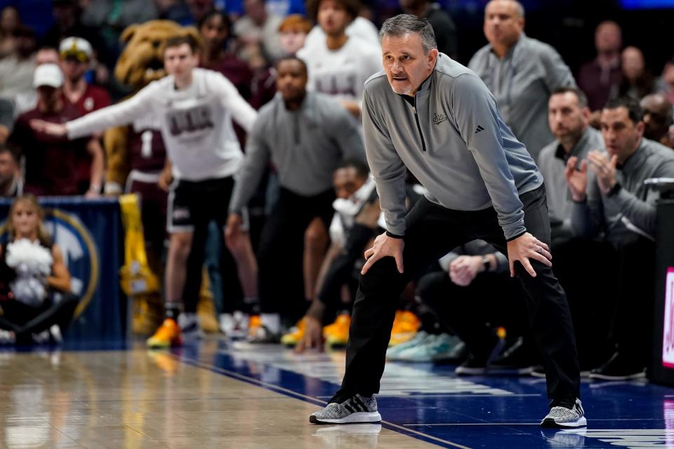 Mississippi State head coach Chris Jans watches his team face Auburn during the second half of an SEC tournament semifinal game at Bridgestone Arena in Nashville, Tenn., Saturday, March 16, 2024.